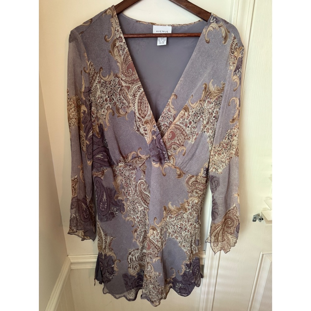 Avenue Silk Paisley Tunic Top Purple Floral V-Neck Lined Plus Size 22/24